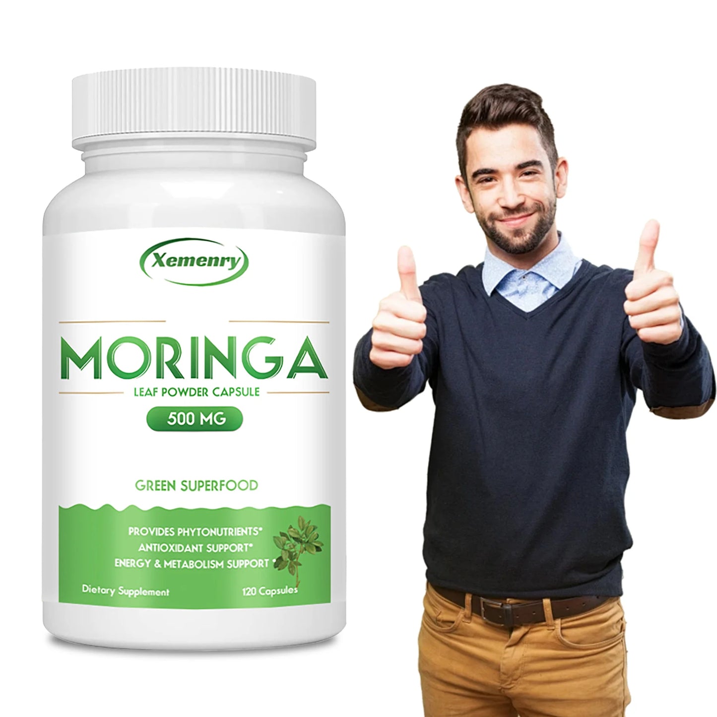 Moringa Capsules - Nutritional Vegan Green Superfood for Immune System, Energy, Metabolism - 120 Capsules