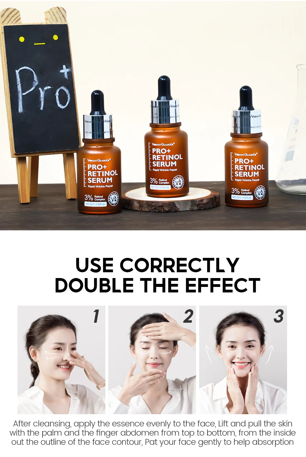 VIBRANT GLAMOUR PRO+ Retinol Face Serum Upgrade 3% Retinol+3X Peptide+5X Ceramide Repair Skin Firming Collagen Anti-Aging