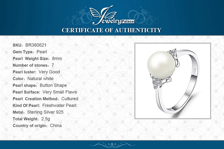 JewelryPalace 8mm Freshwater Cultured Pearl 925 Sterling Silver Rings for Women Engagement Trendy Ring Fashion Gift Fine Jewelry
