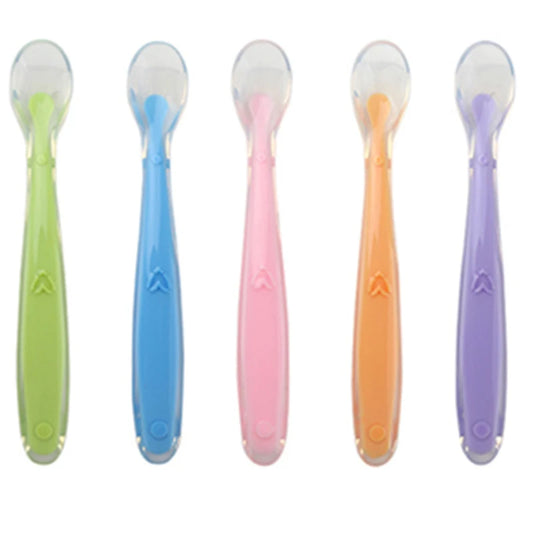 Baby Soft Silicone Feeding Spoon Dishes Tableware Candy Color Temperature Sensing Spoon Utensils Children Food Baby Feeding Tool