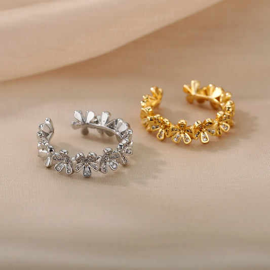 Ladies Flower Open Rings For Women Stainless Steel Cubic Zircon Flower Open Adjustable Ring Jewelry Students Girl Gift 2022