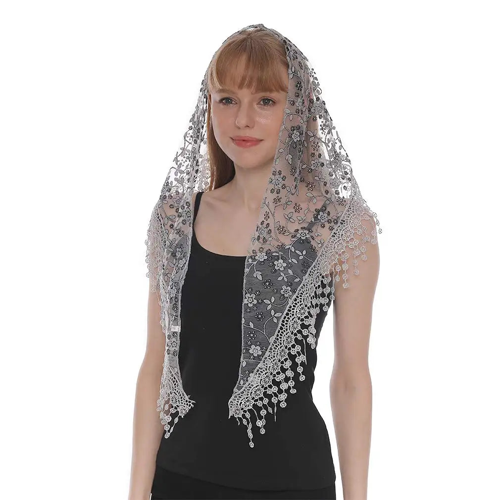 Embroidered Lace Scarf for Church Shawl Catholic Veil Church Scarf Sheer Floral Scarves Prayer Shawl Spanish Mantilla for Church