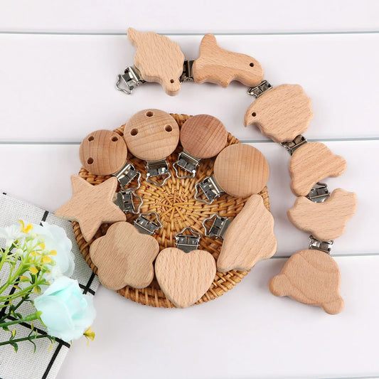 Kovict 5Pcs 19 Styles Beech Wooden Clips Metal Bracket DIY Pacifier Chain Handmade Crafts Accessories
