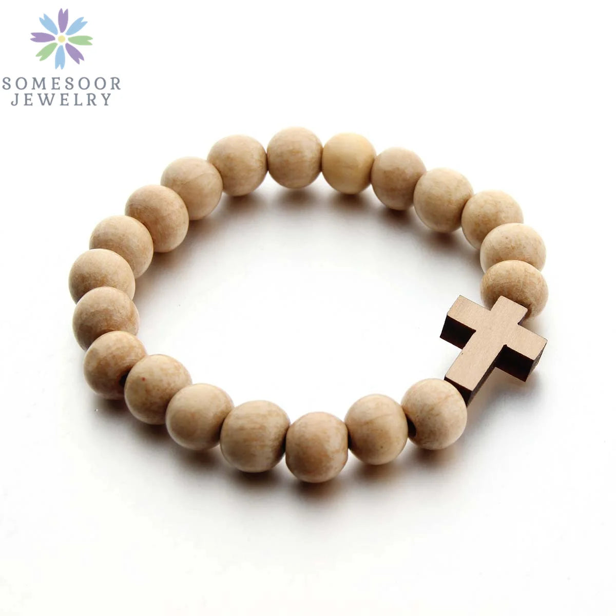 SOMESOOR Natural Wooden Cross Pendant Necklace Bracelet Round Beads Rosary Religious Accessories Jewelry For Men Women Gifts