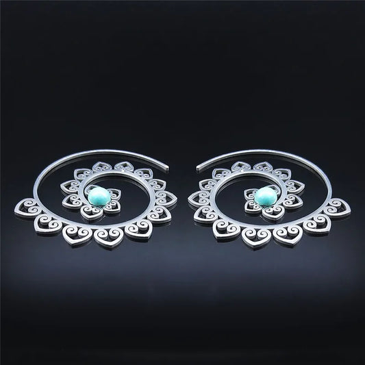 Vintage Ethnic Indian Carved Mandala Flower Dangle Earrings Stainless Steel Stone Boho Hollow Earring Jewelry pendientes flor