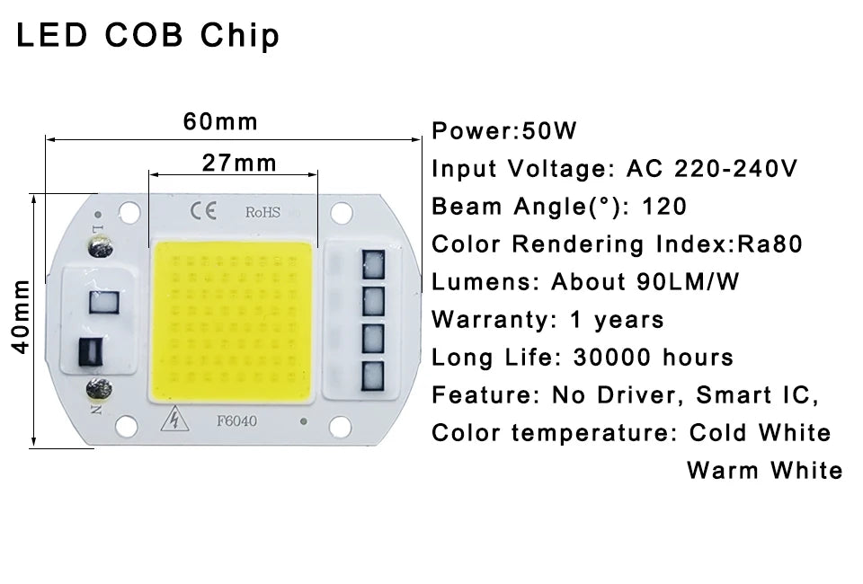 LED Chip 10W 20W 30W 50W COB Chip LED Lamp 220V 240V No Need Driver for Flood Light Spotlight Lampada DIY Lighting