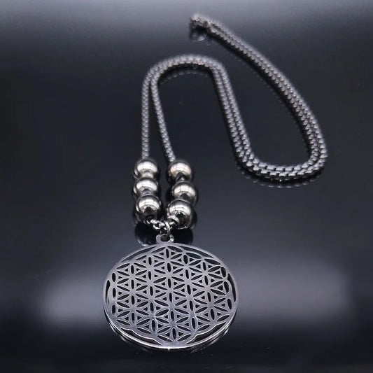 2023 Flower of Life Stainless Steel Mandala Metatron Necklaces Sacred Geometry Long Black Bead Necklace Jewerly flor de la vida