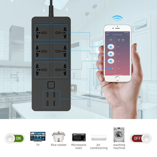 Smart Power Strip WIFI Universal with 5V3.1A Alexa Googlehome Bluetooth Control Multi Plug 6AC 4USB Voice Contro UK/EU/US/AU