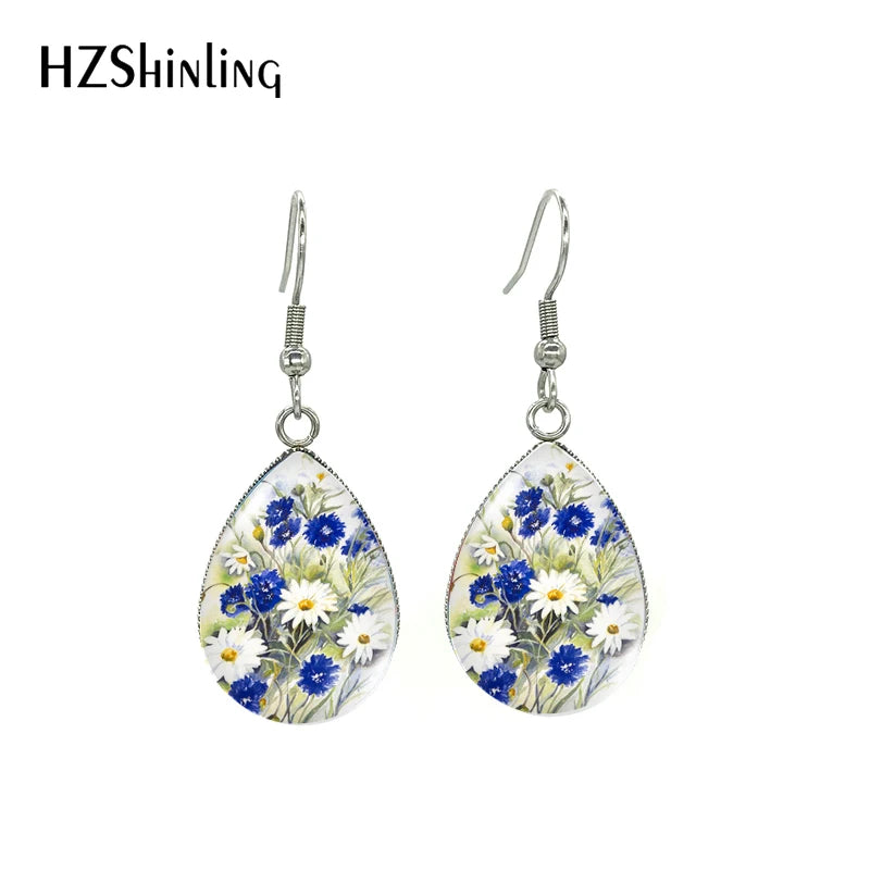 2021 Blue Floral Paintings Glass Cabochon Tear Drop Dangle Hook Earrings Handmade Crafts Jewelry