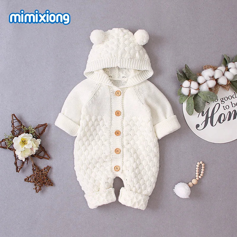 Baby Girls Bear Ear Knit Romper Boys Hooded Newborn Sweater Kids Jumpsuit Babys Outfit Autumn Winter