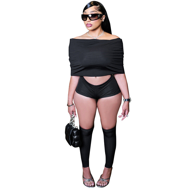Women's clothing 2025 summer sexy one-shoulder lapel top tight shorts calf socks three-piece suit club clothing Vestidos