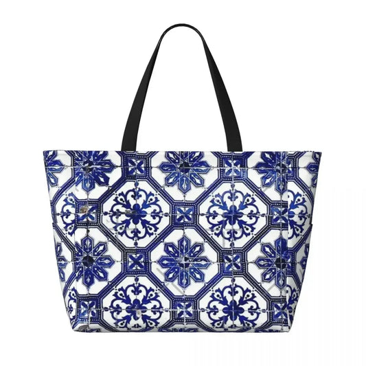 Blue And White Portuguese Tile Beach Travel Bag, Tote Fashionable Adult Gifts Shoulder Multi-Style Pattern