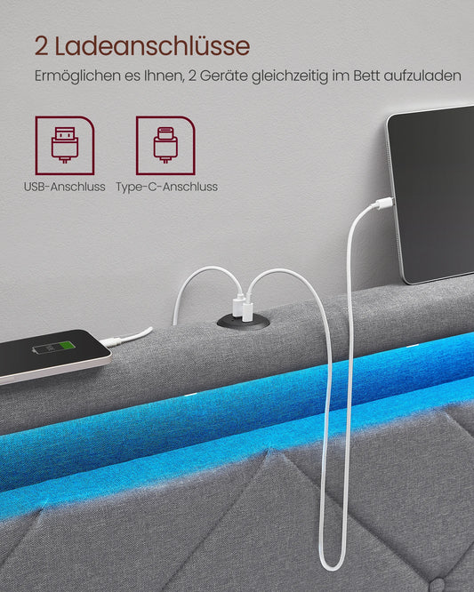 VASAGLE Upholstery bed double bed frame bed frame Metal bed (LED, 4 drawers, charging station