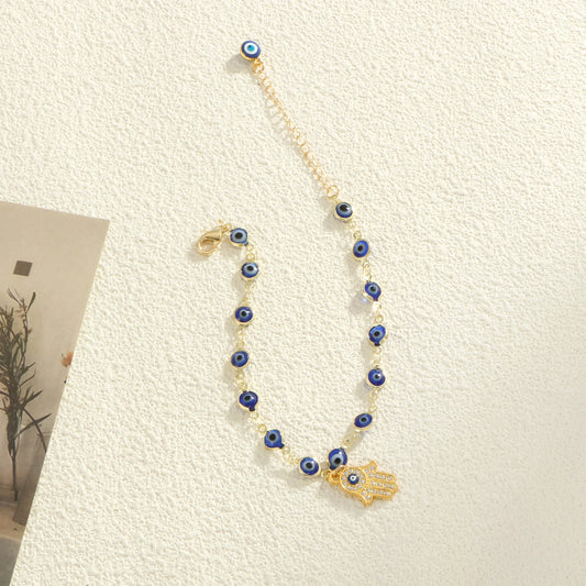 Devil's Eye Fatima's Hand Set Zircon Pendant Women's Tropical Beach Wind Copper Plated Golden Jewelry Gift Banquet Feet Chain