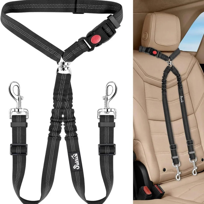 OUWO Two Dogs Pet Car Lead Leash Backseat Safety Belt Adjustable Dogs Harness Collar Pet Accessories Pet Supplies