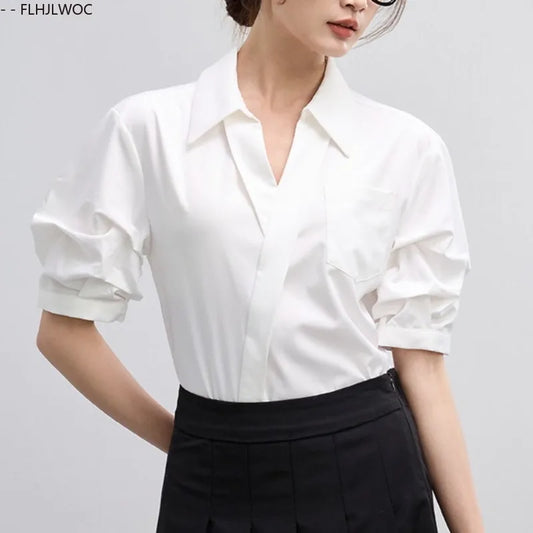 Office Lady Basics Fashion White Shirts New Women Summer Work Solid V Neck Tops Blouses French Design Interview Shirt Cotton