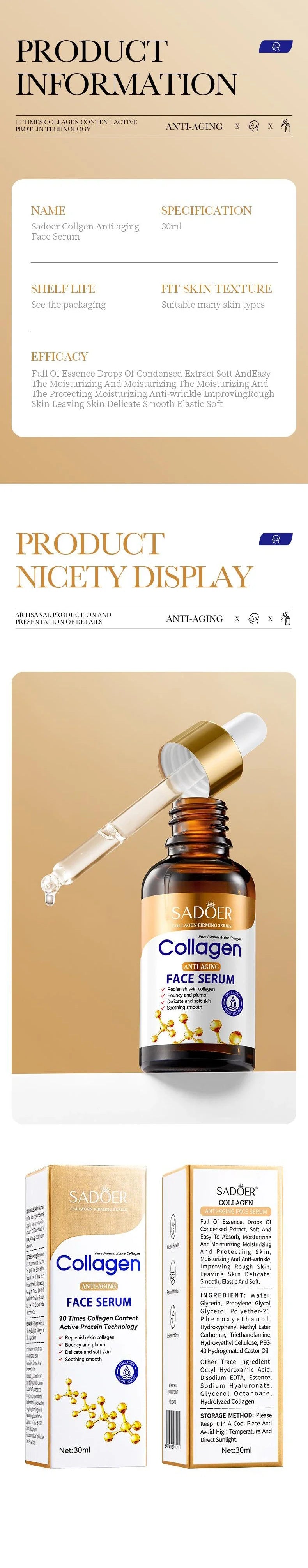 SADOER Collagen Serum skincare Facial Essence Liquid Firming Moisturizing Soothing Nourishing Face Serum Skin Care