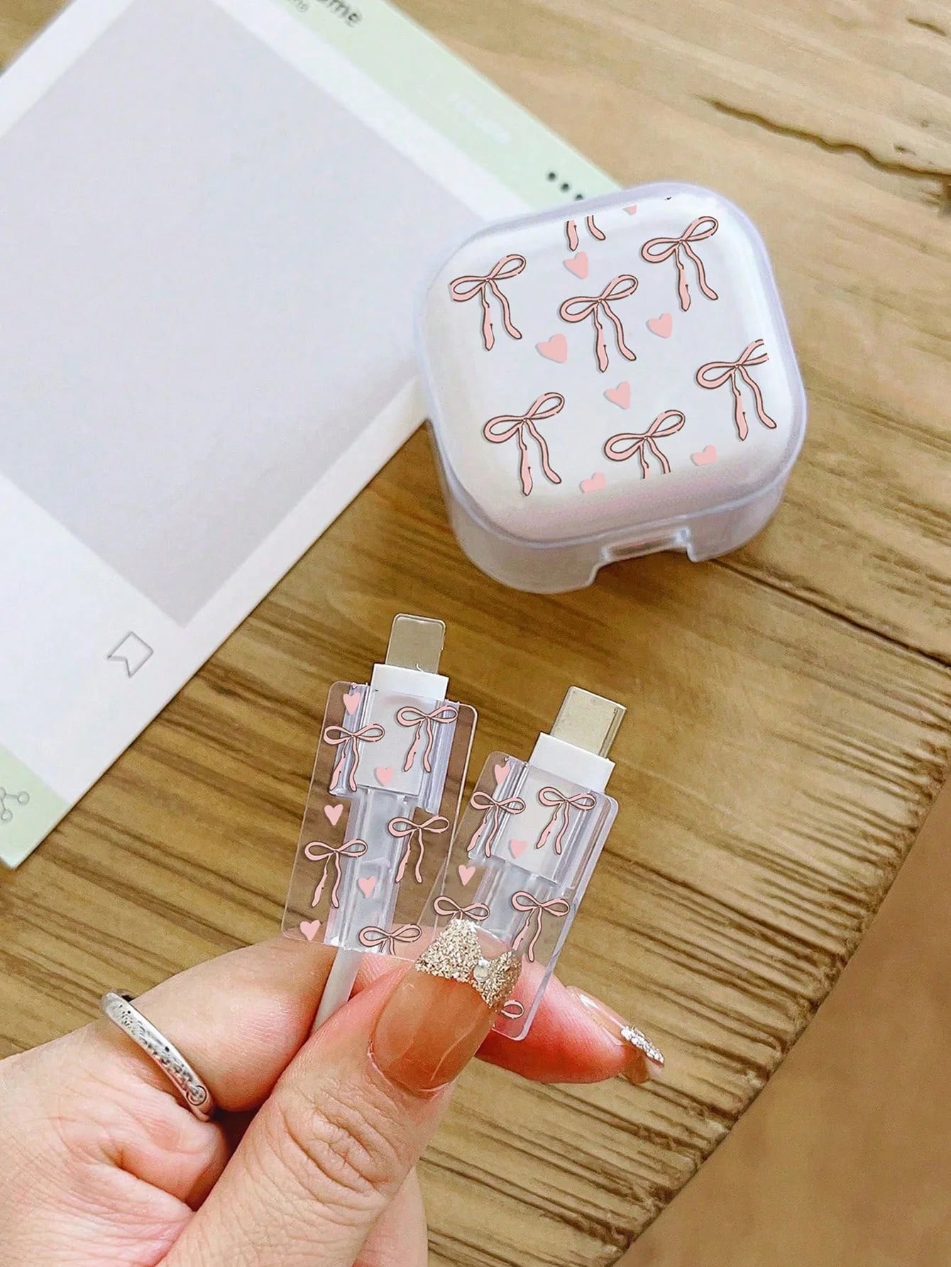 3-piece set Pink Bow Set Cable Protector for iPhone 20W UK HK Plug Charger Case Phone Wire Cord Organizers