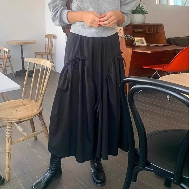 Bow Patchwork Womens Skirt Draped Skirts High Elastc Waist A-line Ropa Mujer Ruched Faldas 2025 Spring Summer Clothing