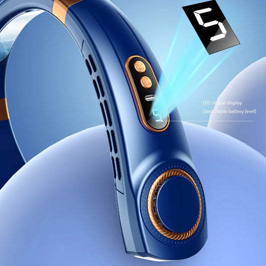 Portable Neck Fan LED Digital Display Hanging Neck Fan Leafless Air Cooler Mute USB Rechargeable Cooler with Atmosphere Light