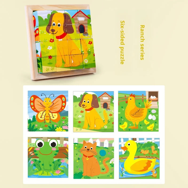 Six Sides Painted Wooden Puzzle Three-Dimensional Traffic Animal Puzzle Building Blocks Early Education Educational Toy