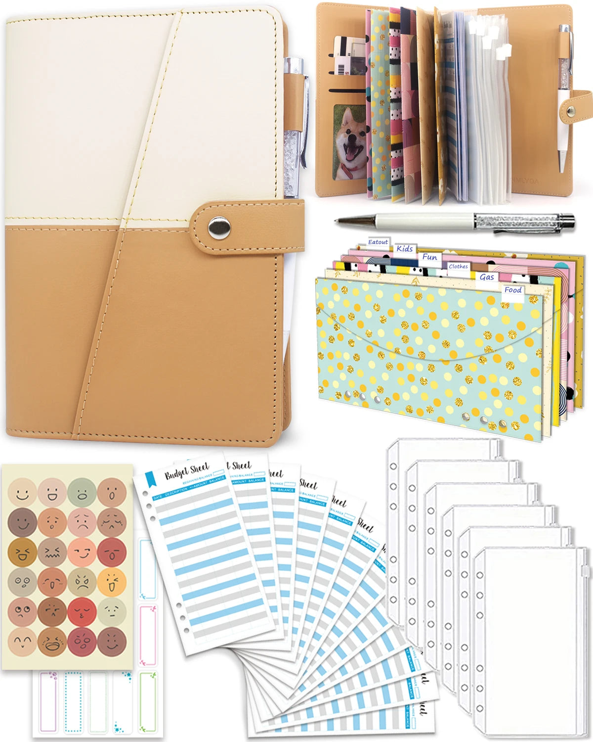 Budget Binder with Zipper Envelopes, Cash Envelopes with Budget Sheets, PVC Pockets, Cash Envelopes, Stickers & Pen