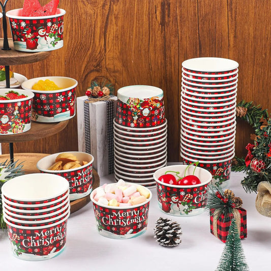 10/25pcs Christmas Snack Bowls Christmas Paper Ice Cream Cups, Santa Claus, Snowman Cake Paper Cups, 9oz Treat Dessert Bowls
