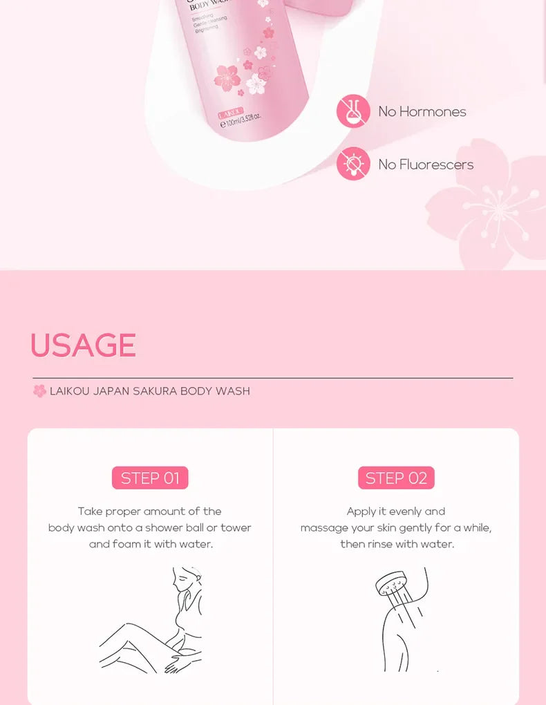 LAIKOU Sakura Shower Gel Long Moisturizing Smooth Long Lasting Fragrance Gentle Foam Body Cleansing Bath Product 100ml