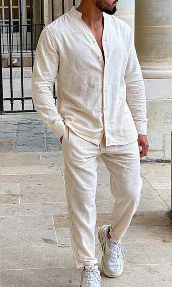 Mens Sets Linen Spring Autumn Leisure Suit Long Sleeve Shirts and Trousers Two Piece Sets Fashion Men Hot Sales Comfortable