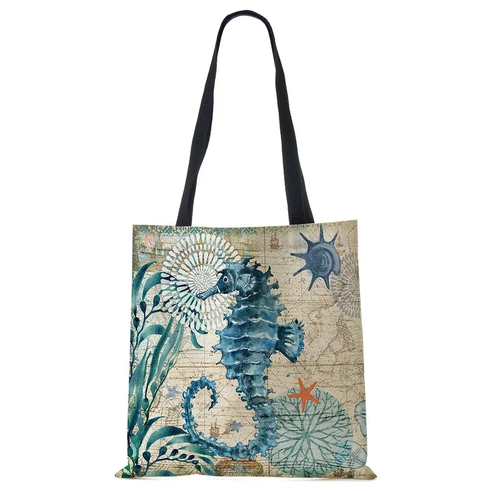 Tote Bag Seahorse Turtle Octopus Print Traveling Shoulder Bags Eco Linen Shopping Bags For Women With Print