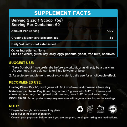 BEWORTHS 300g Creatine Monohydrate Fitness Supplements Build Muscles Muscle Endurance, Non-GMO, Gluten-Free