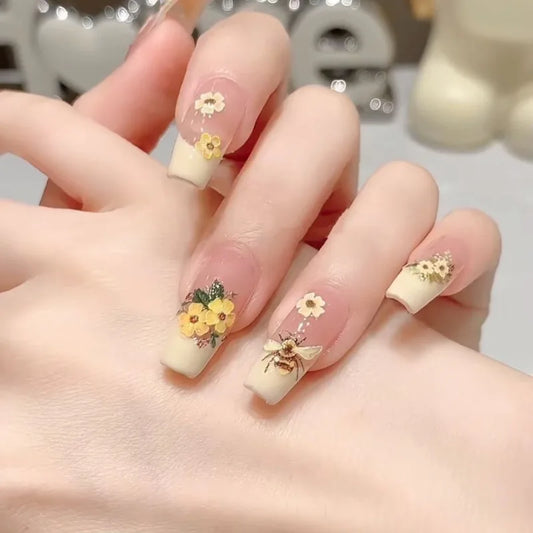 10Pcs Yellow Handmade Press-On Nails with Bee&Floral Relief Designs French False Nails Perfect for Spring&Everyday Stylish Wear