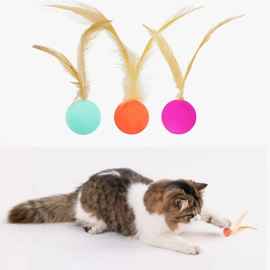 Cat Interactive Ball Toys Interactive Bouncy Ball with Feathers Cat Toys for Indoor Cats and Kittens Pet Elastic Ball