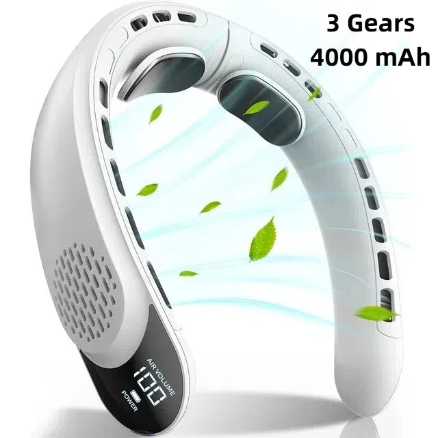 4000mAh Leafless Portable Neck Fan 3 Gears Adjustable Super Strong Wind Fast Cooling Multi-Function Digital Display Neck Fan
