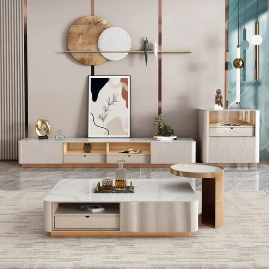 Living Room Furniture Modern Luxury Cabinet TV Stand Stainless Steel +mdf+rock Plate+solid Wood Carton + Wooden Frame Storage