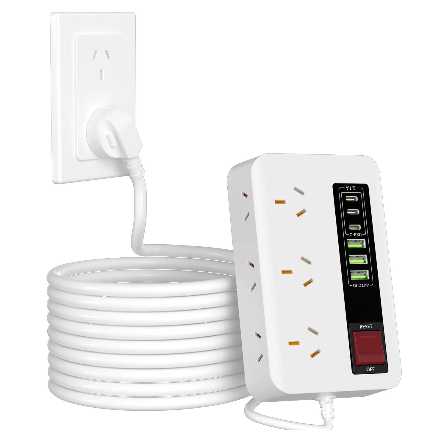 Australian plug power board 6/12 power sockets 6 USB (3A+3C) smart charging overload protection switch 1.8M extension cable
