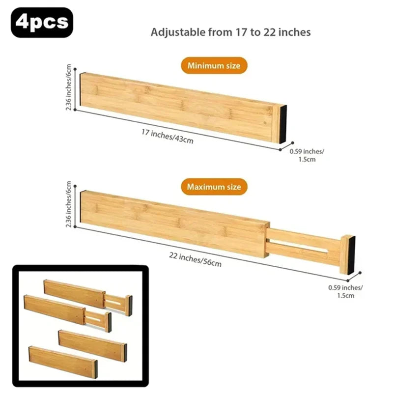4Pcs Bamboo Drawer Dividers Bedroom Kitchen Drawer Storage Adjustable Expandable Drawer Dividers for Wardrobe Cupboard Cabinet