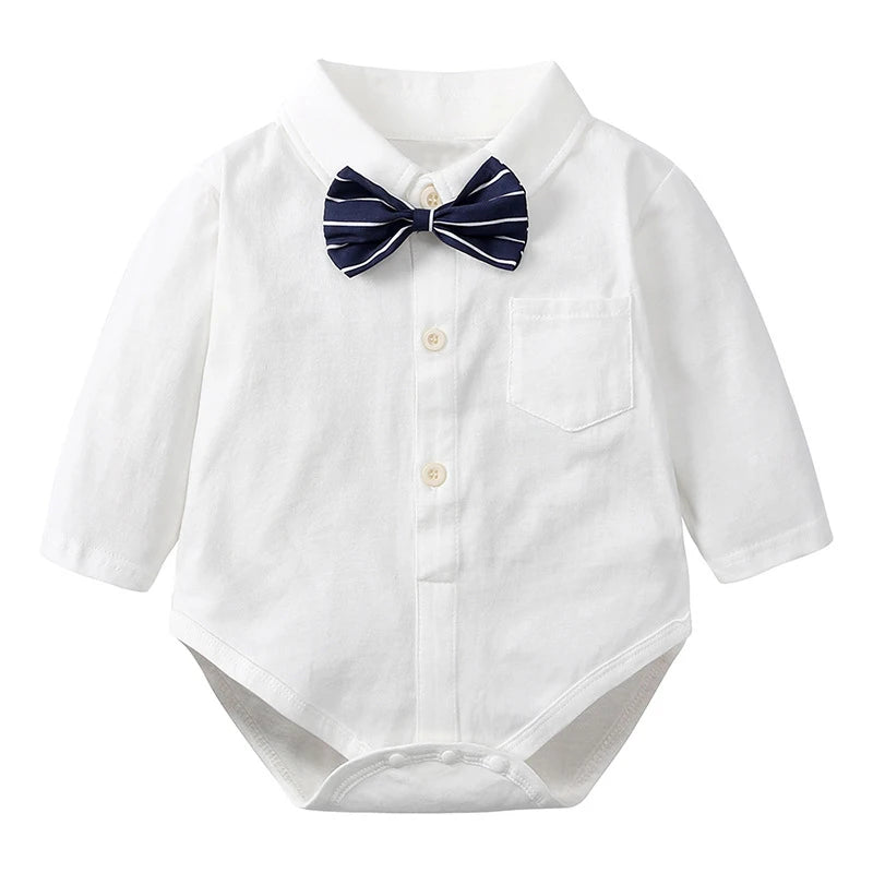 Baby Boys Clothes Infant White Long/Short Sleeve Shirt Lapel Bodysuits Detachable Bow Tie 0-24 Months Newborn Baby Blouses