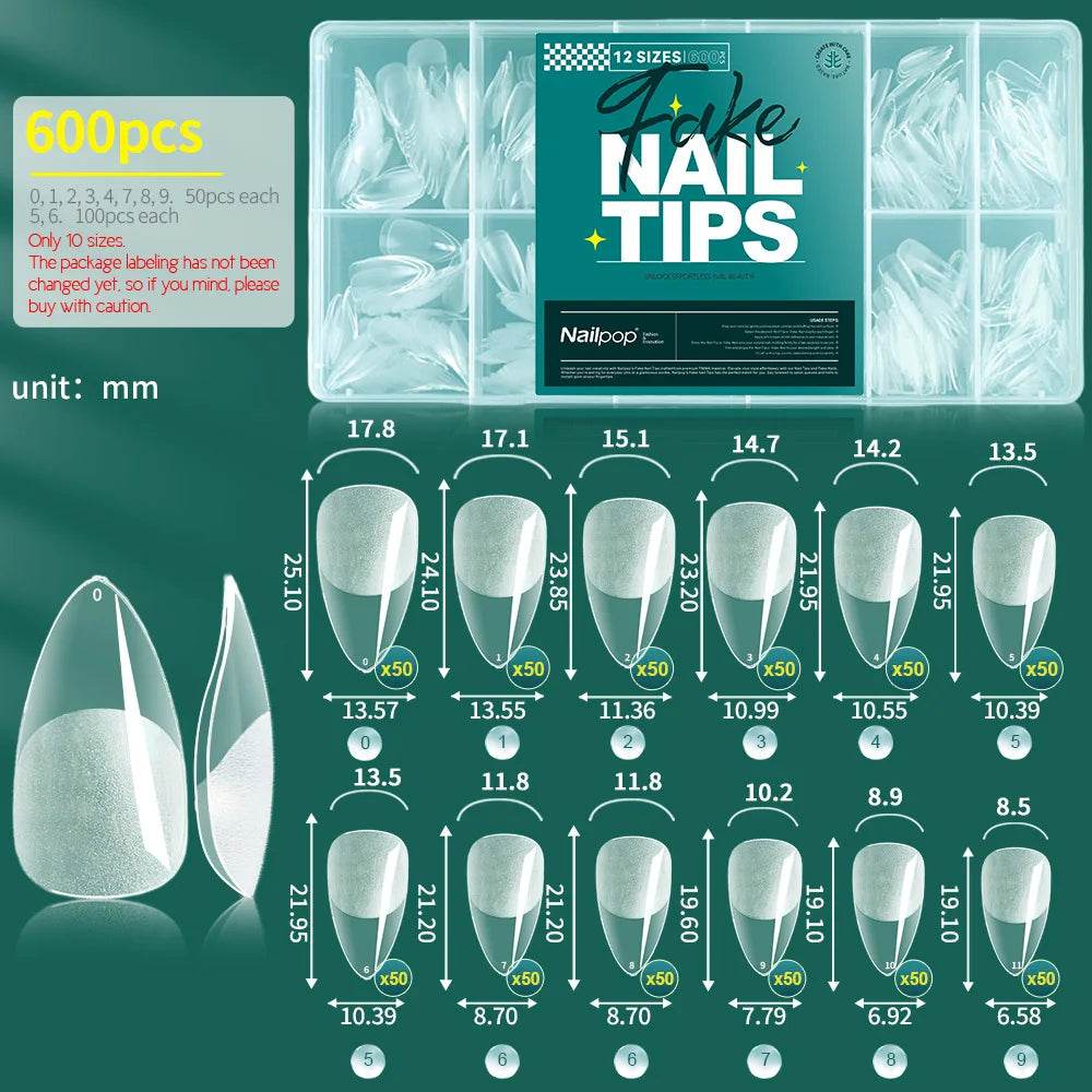 NAILPOP Soft Gel Nail Tips 600PCS Pre-Buff Full Cover Coffin Almond Oval Shaped Nail Extenison Tips Half Matte Gel X Fake Nails