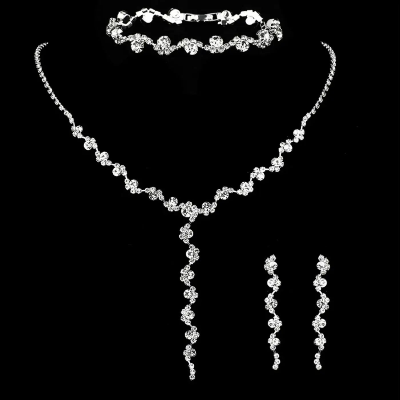 4 pieces of women's European and American fashion jewelry set, rhinestone necklace, bracelet, earrings, bride's wedding dress ac