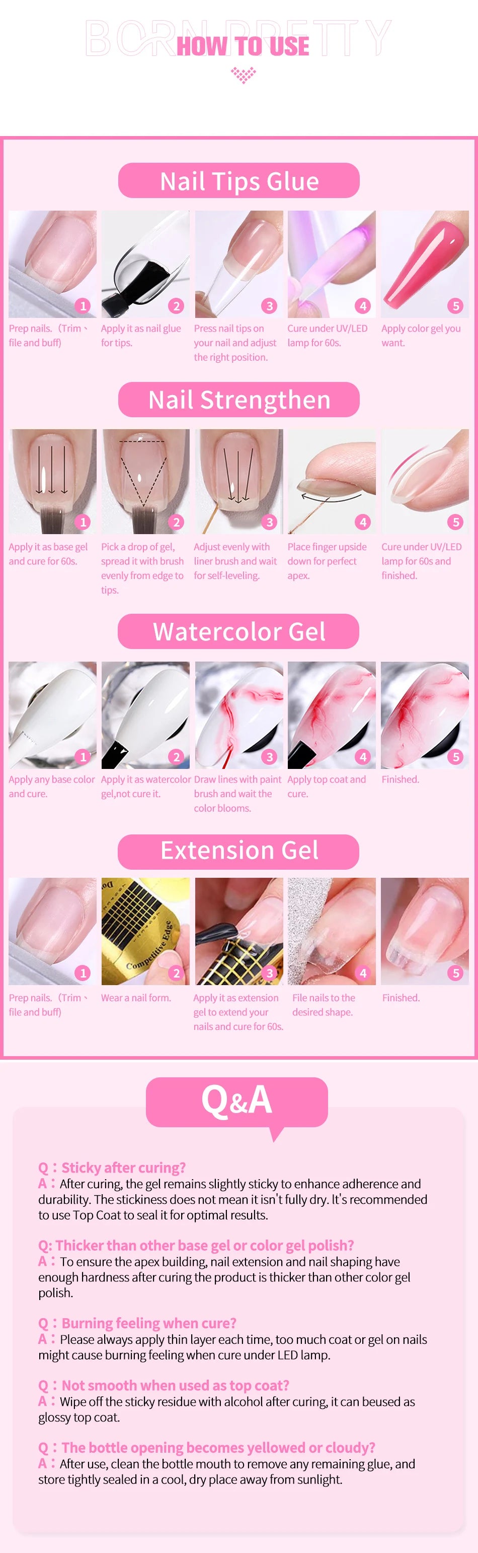 BORN PRETTY 6 IN 1 Nail Glue Gel 15ML for Acrylic Nails Soak off Base Gel Top Coat UV Extension Nail Gel False Nail Tips Gel