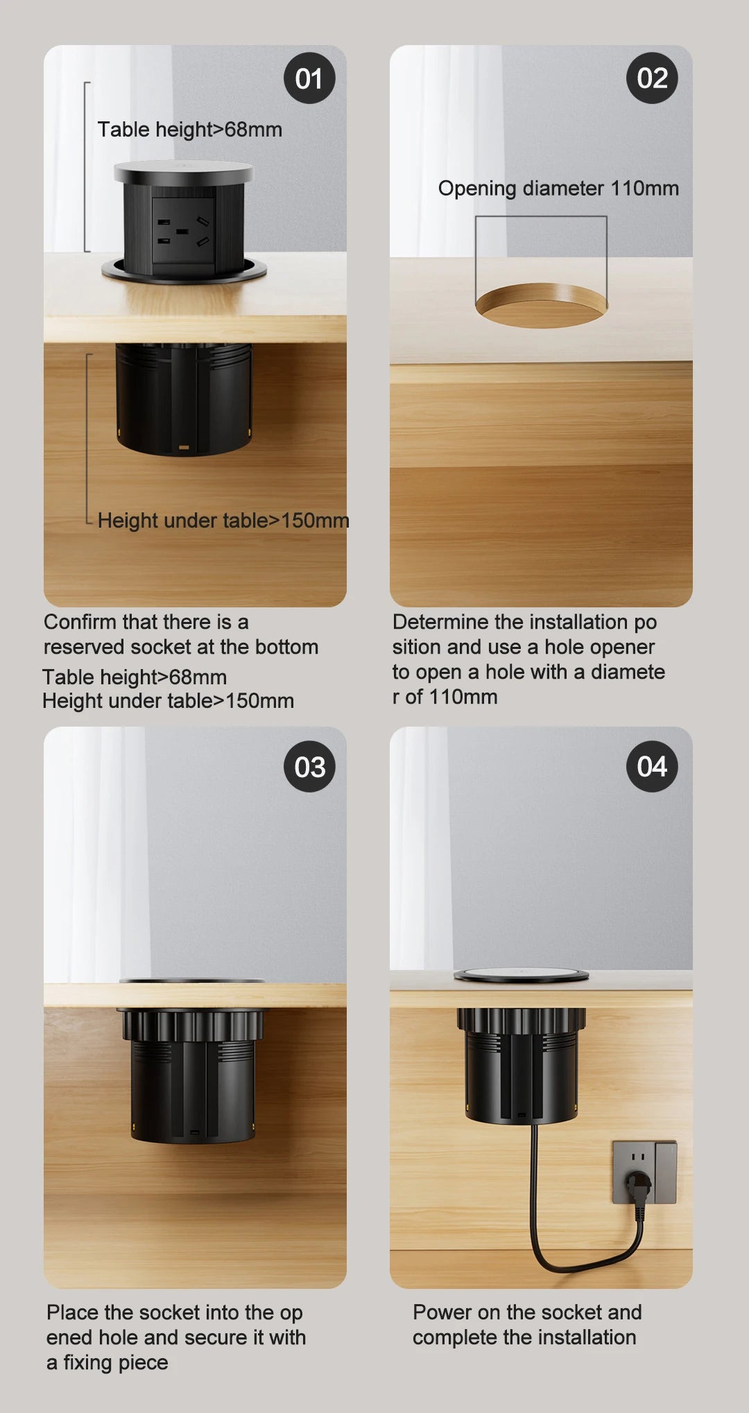 Tempered Glass Top Kitchen Counter Smart Pop Up Socket Push Button 4 Sides Electrical Socket with Usb Type-c Charger