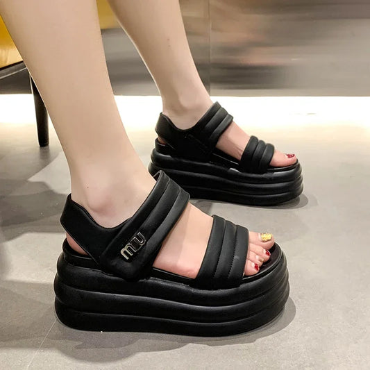 2025 Summer Women Chunky Sandals Leather High Platform Trainers Breathable Casual Slippers Shoes Woman 8.5CM Heels Wedge Sneaker