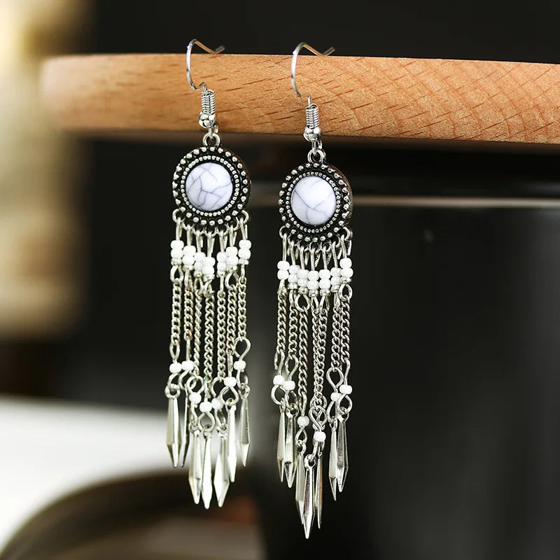 Bohemian Long Tassel Earrings For Women Handmade Jewelry Beads Chain Drop Earrings Big Round Resin Stone Dangle Ethnic Earrings