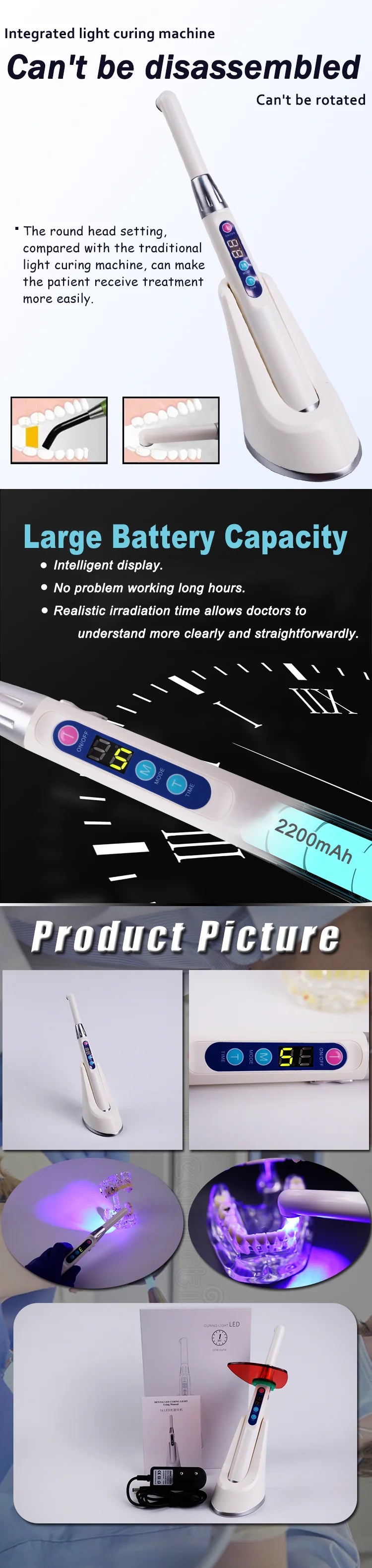 LED Dental Curing Lamp 1 second Light Cure with 3 Working Modes Full Power Adjustable Work Time Dentist Teeth Whitening Tool
