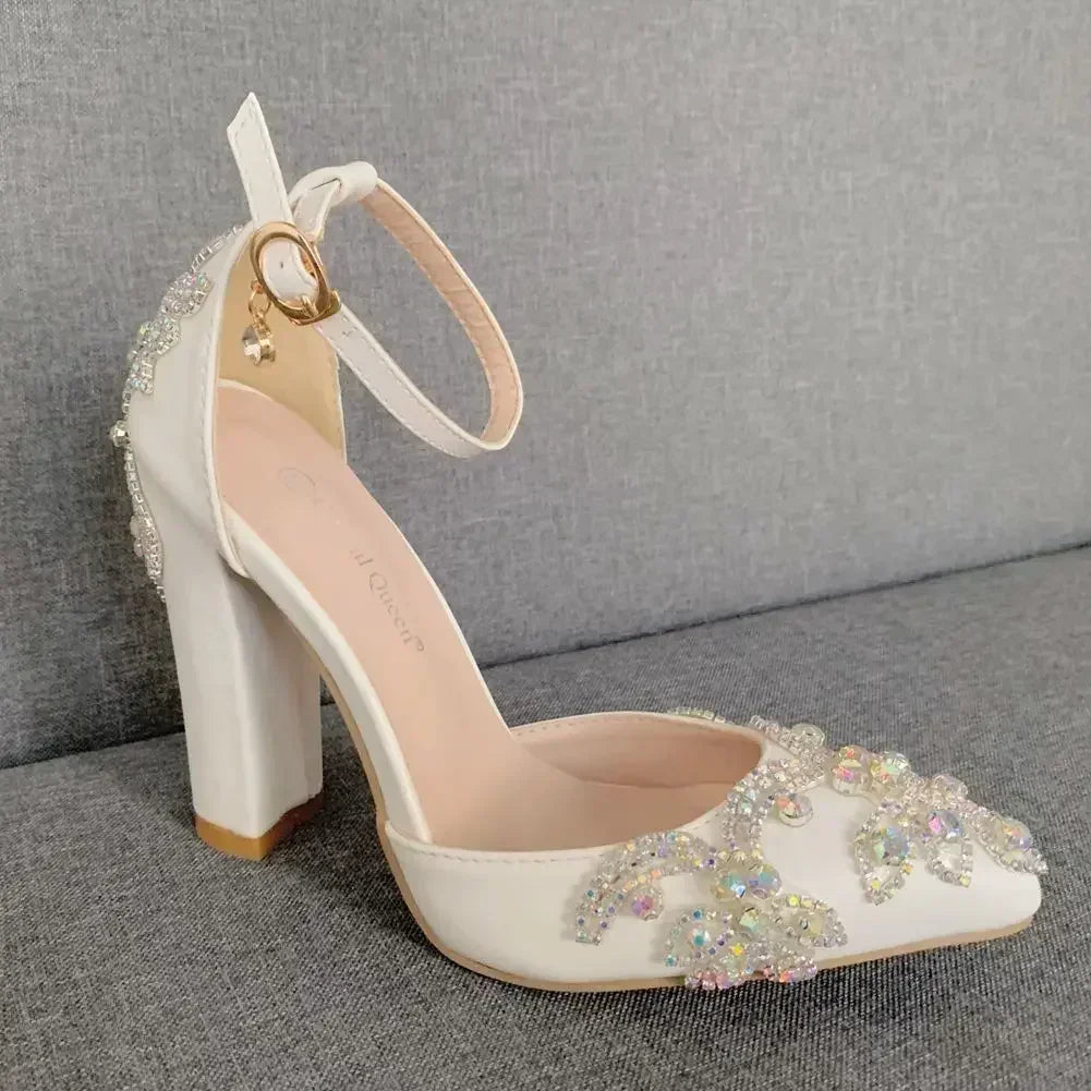 2025 Thick Heel Pointed Toe Shoes Large Size Thick Heel Sandals Women Rhinestone Wedding Shoes Women White Wedding Shoes Drill