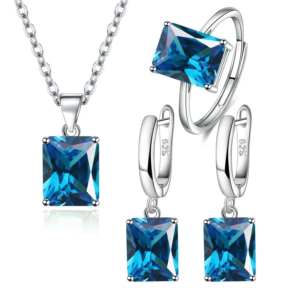925 Sterling Silver Elegant Jewelry Sets Ring Earrings Necklace For Women Rectangle Geometry Zircon Wedding Accessories