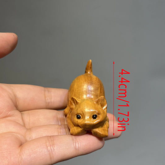 Adorable Hand-carved Wooden Kitten Ornament - Handmade Artisan Charm for Desktop Decor, Heartwarming Tea Pet Pendant