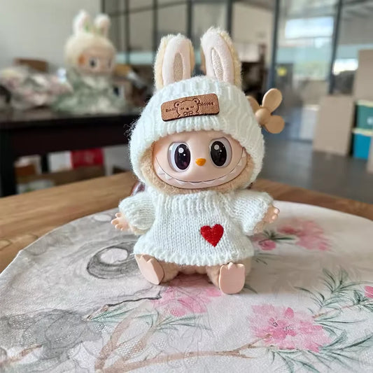 Cute Labubu Bunny Doll Accessories with Knitted Clothes Rabbit Ears Hat Heart Sweater for Toy Collectors Labubu Clothes