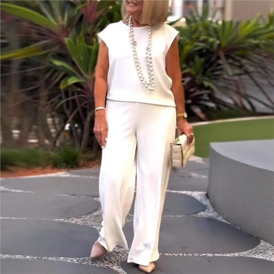 Elegant Women 2-piece Office Set 2025 Group Of Pant Outfit Ladies Temperament Sleeveless O-Neck Blouse Tops&Wide Leg Pants Suit